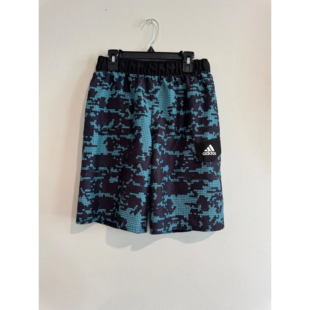 Adidas Digital Camo Swim Trunks Boys Large Teal Black Grid Pattern